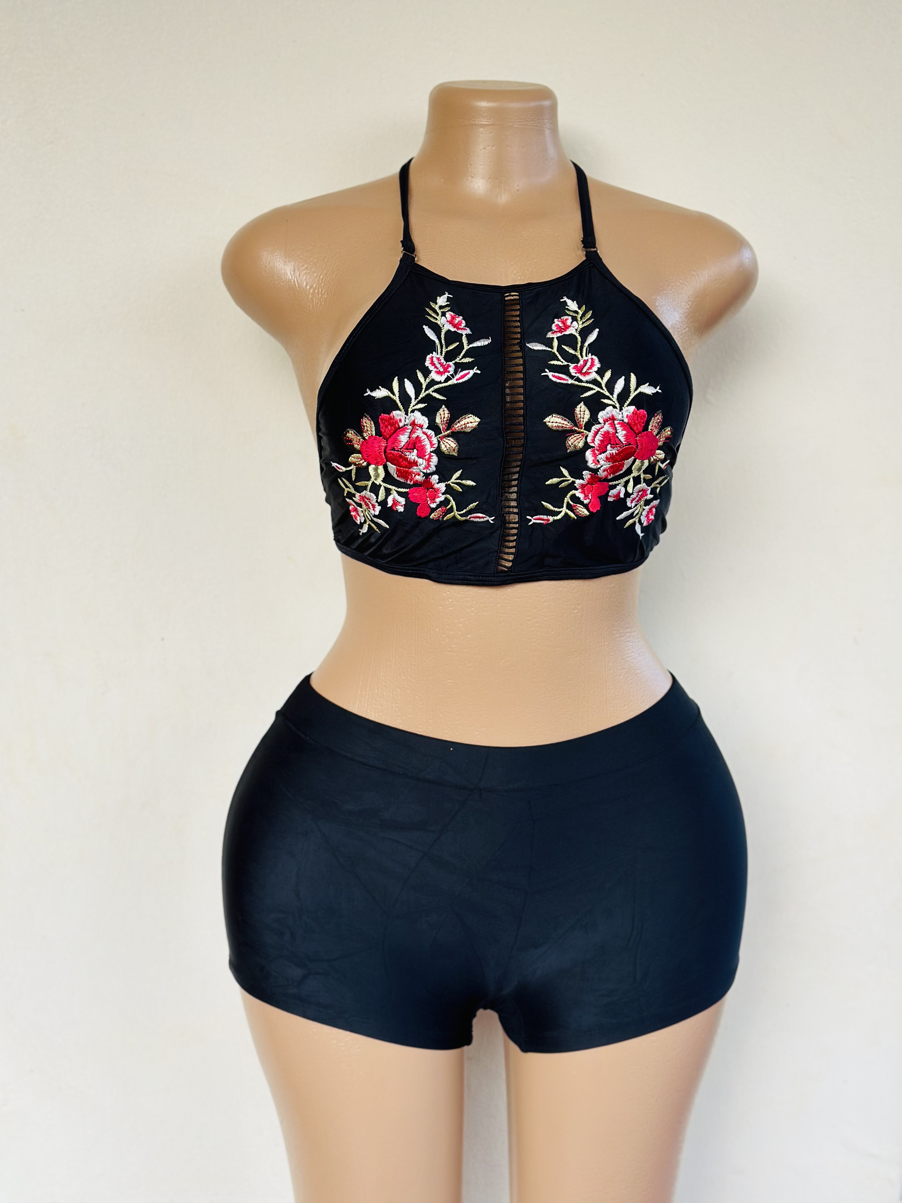 Bikini (Black Bottom and a black top with red flowers)