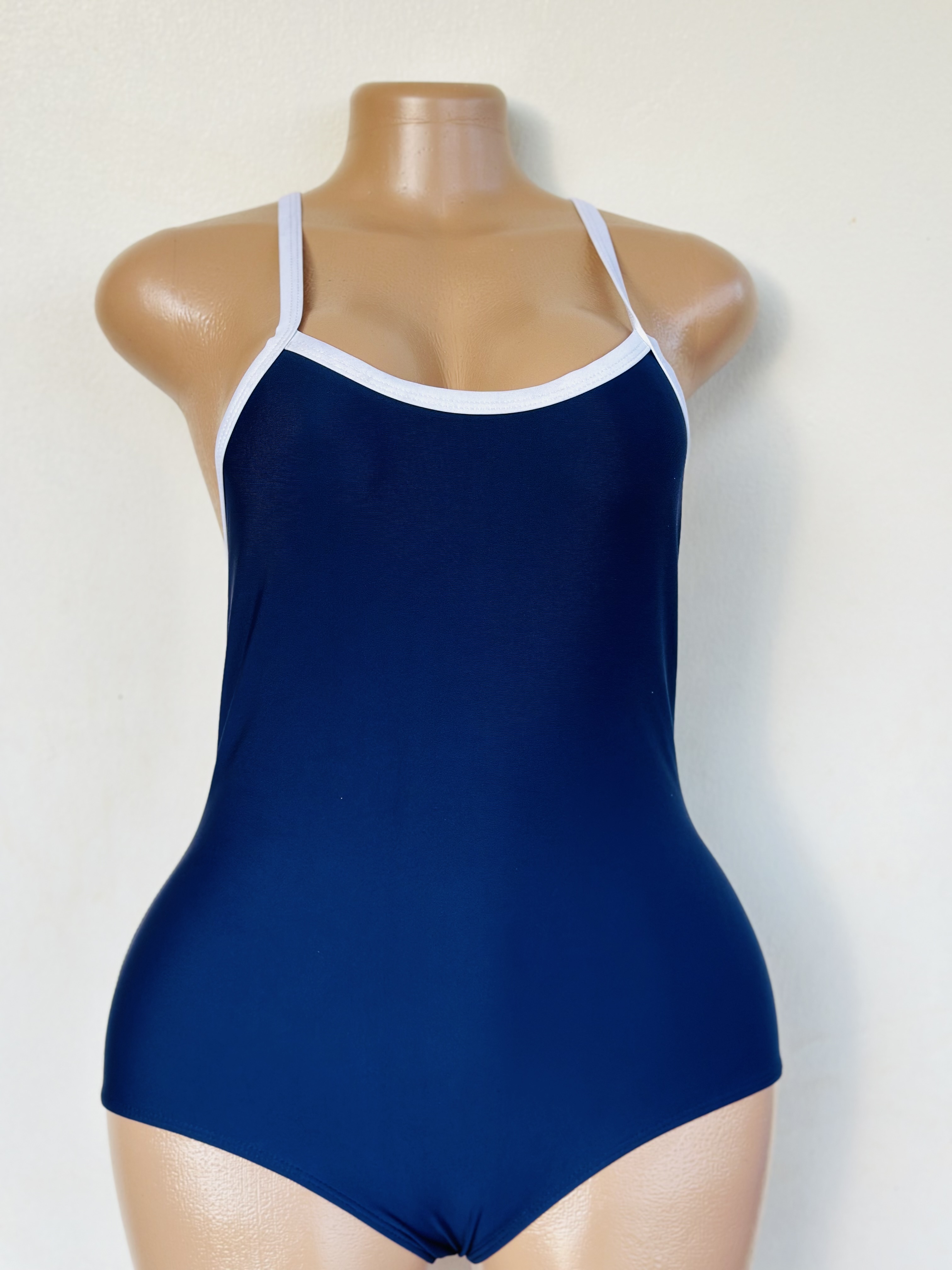 Swimsuit (One piece in plain navy blue with white arms)
