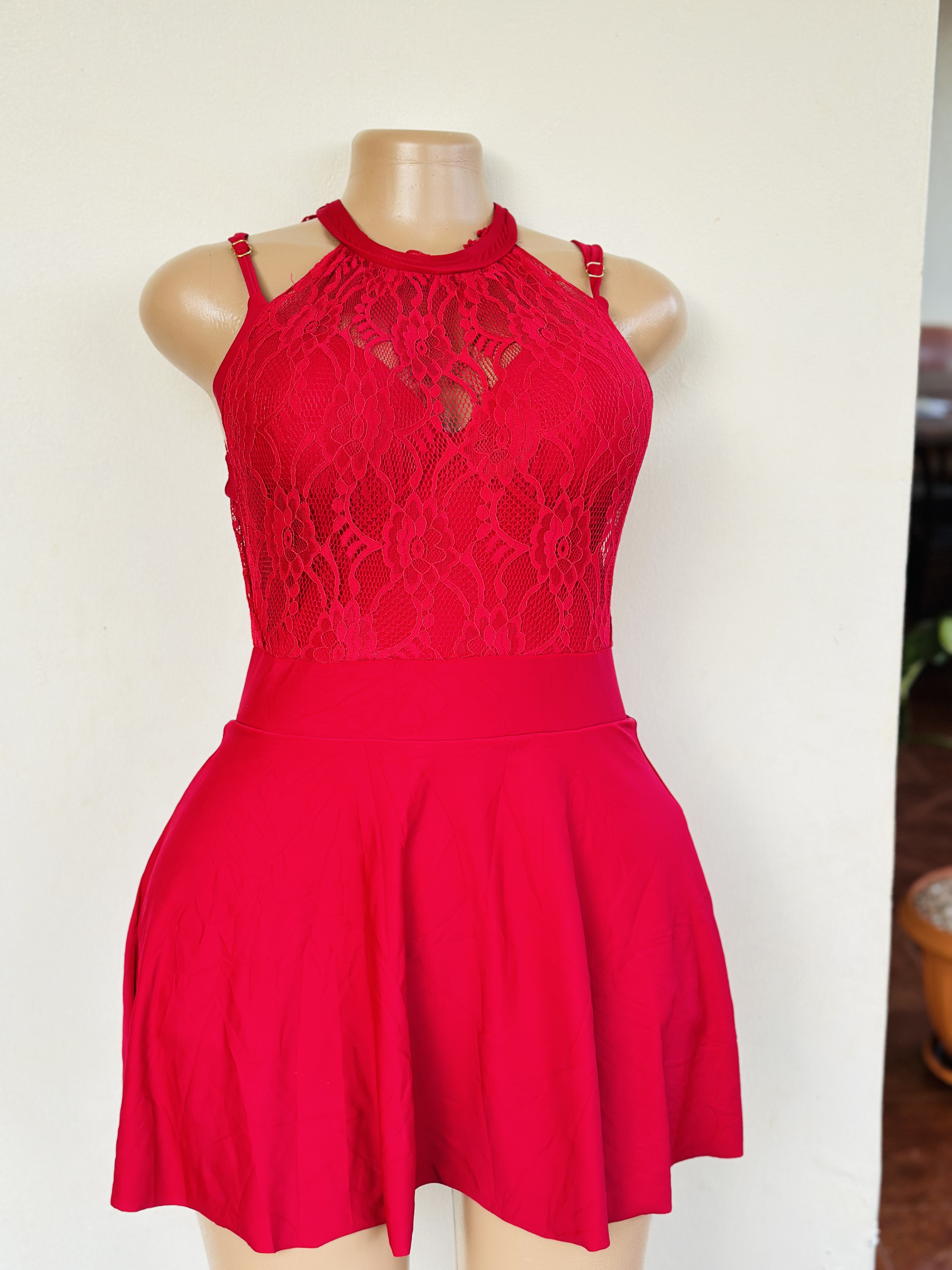 Swimsuit (One piece in plain red plain with a lace front cover)